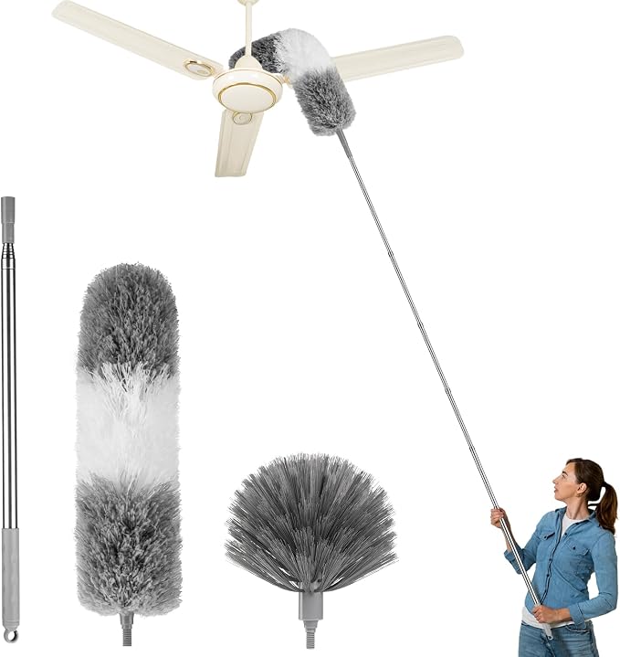 Dusters for Cleaning,Cobweb Duster Feather Duster with Extension Pole | Bendable Head Dusters for Cleaning Ceiling Fan, High Ceiling, Blinds, Furniture