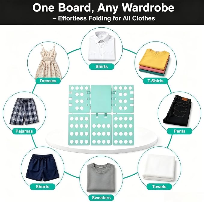Shirt Folding Board, Shirt Folder - Folds Hoodies, Jeans & Shirts, Cyan | Quick garment folding, heavy duty for thick clothes, for adults & kids, compact foldable design, no assembly required