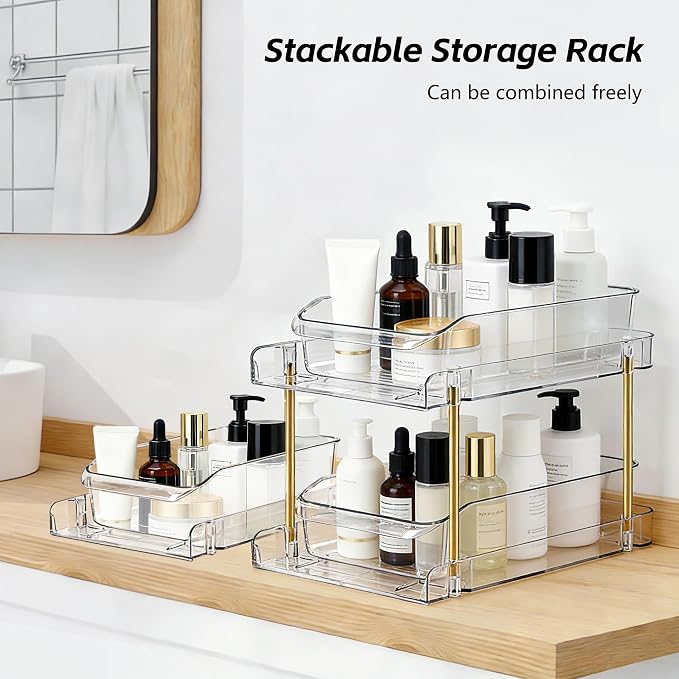 LAREKUN2pack 2-Tier Organizer & Storage Unit Stackable Bathroom Cabinet Organizer Pull-Out Kitchen Pantry Organizer & Storage System Suitable for Countertops, Pantries, Kitchens, Bathrooms