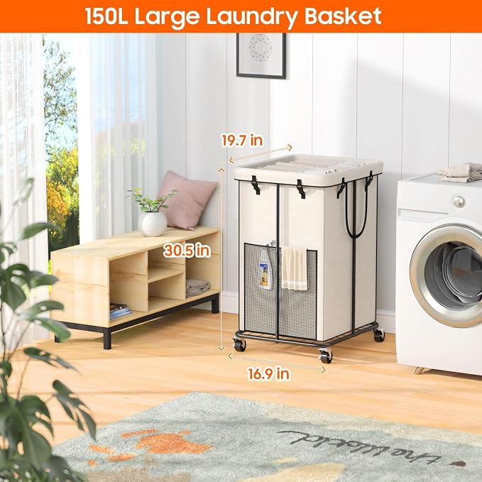 Laundry Hamper with Wheels, 150L Rolling Laundry Basket with Bag & Handles | Sturdy Metal Frame | Removable Bag | Large & Tall Dirty Clothes Hampers for Laundry Room, Bedroom, Dorm, Bathroom-White