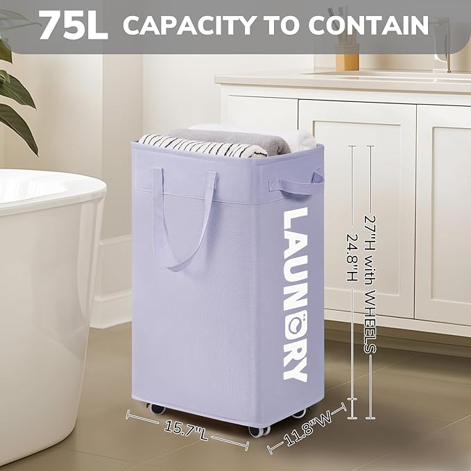 Goodpcik 75L Rolling Laundry Hamper with Wheels, Laundry Hamper for Dorm | Laundry Basket with Handles for Dirty Clothes, Hamper for Laundry Room, Dorm Room Essentials, Light Purple