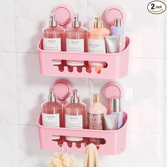LEVERLOC Shower Caddy Suction Cup Shower Organizer Bathroom Storage Removable Powerful Suction Shower Shelf, Pink 2pack