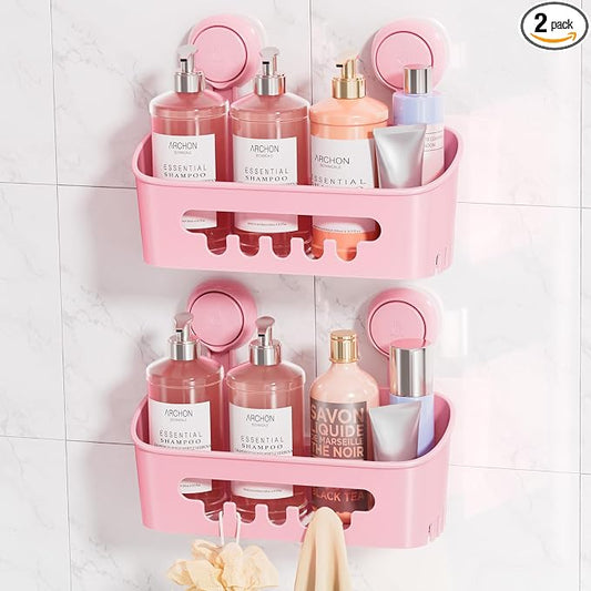 LEVERLOC Shower Caddy Suction Cup Shower Organizer Bathroom Storage Removable Powerful Suction Shower Shelf, Pink 2pack