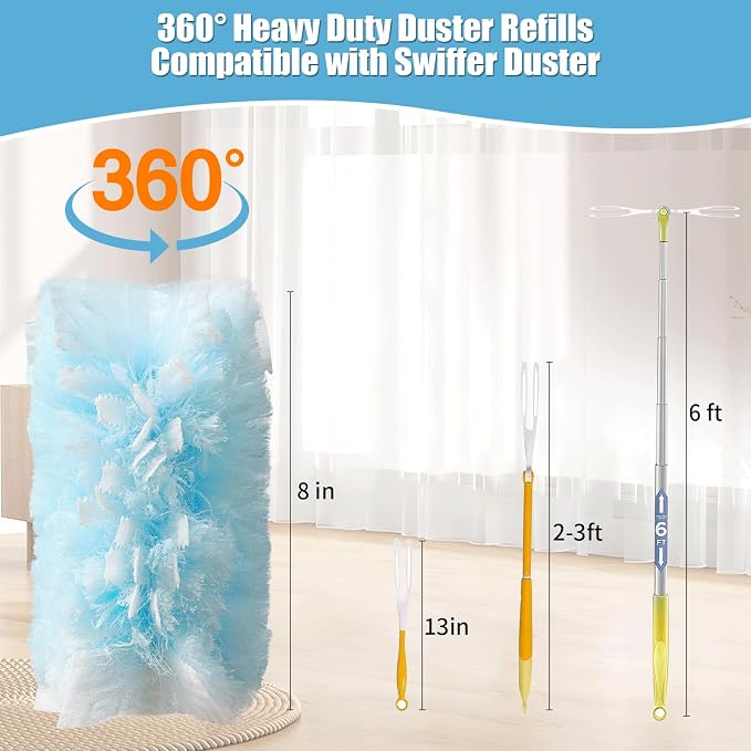 60 Count 360° Heavy Duty Duster Refills Compatible with Swiffer, Large Size-Extra Thick Disposable Electrostatic Duster Refill with 1 Short Handle for Furniture, Blinds, Ceiling Fans