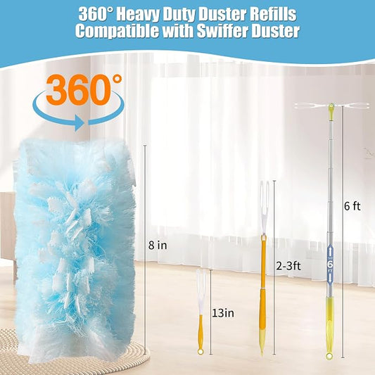 40 Count 360° Heavy Duty Duster Refills Compatible with Swiffer, Large Size-Extra Thick Disposable Electrostatic Duster Refill with 1 Short Handle for Furniture, Blinds, Ceiling Fans