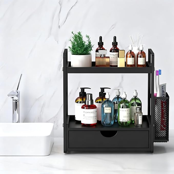 LEMIKKLE Bathroom Counter Organizer with Basket, Bathroom Organizers and Storage,Skincare Organizers for Vanity,Storage Organizers for Bathroom, Kitchen, Dresser (Black with Drawer)