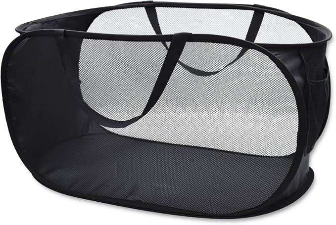 Sturdy Mesh Laundry Hamper Basket Bag,collapsible Pop up for Laundry Room | Folding Foldable Baskets with Side Pocket Travel Clothes Organizer for Bathroom,Kids Room,College Dorm (Horizontal,Black)