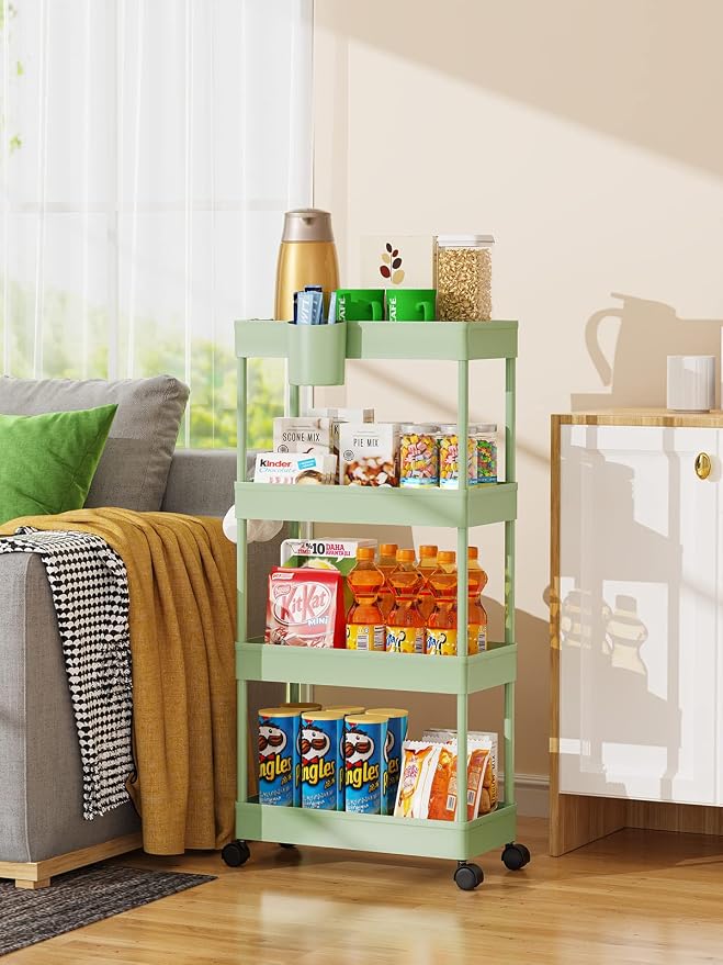 LEHOM Slim Rolling Storage Cart - 4 Tiers Bathroom Organizer Utility Cart | Slide Out Storage Shelves Mobile Shelving Unit for Kitchen, Bedroom, Office, Laundry Room, Small Narrow Spaces (7.1" W+Green)