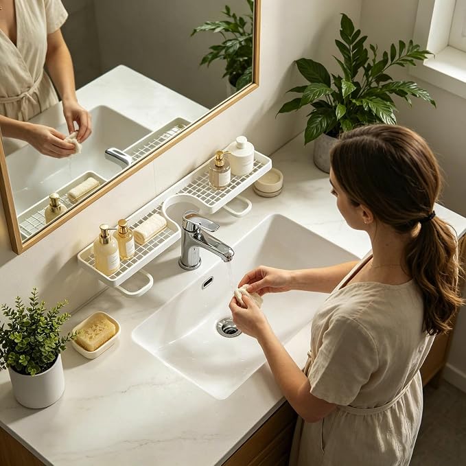 Over Sink Faucet Storage Rack, No Drill Free Standing Faucet Organizer Shelf with Drainage Design, Space Saving Countertop Storage for Kitchen and Bathroom (White)