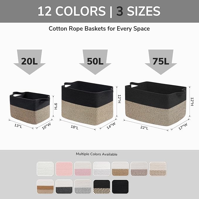 Goodpick Woven Storage Baskets for Organizing 22”x17”x12” Large Blanket Basket for Living Room Bedroom, Rectangle Nursery Baby Toy Storage Basket for Kids Boys, Black