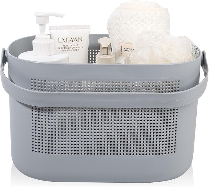Plastic Protable Shower Caddy Basket, Storage Organizer with Handle, Gray | Bottom Drain Holes, Keep Dry, Sturdy and Durable, Easy to Carry for Bathroom, Kitchen, Dorm Room, RV, College