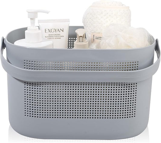 Plastic Protable Shower Caddy Basket, Storage Organizer with Handle, Gray | Bottom Drain Holes, Keep Dry, Sturdy and Durable, Easy to Carry for Bathroom, Kitchen, Dorm Room, RV, College