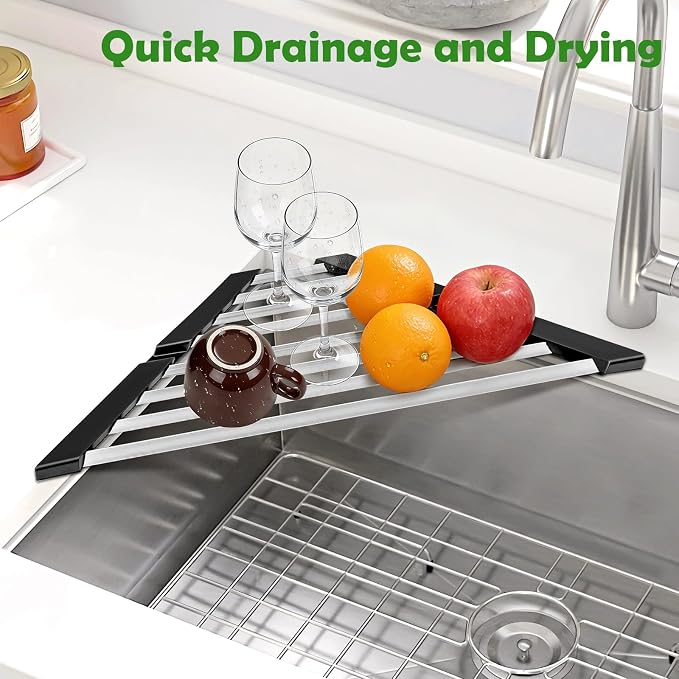 Small Triangle Foldable Dish Drying Rack with Silicone Ends for Sink Corner | Sink Cover, 304 stainless steel, Space-Saving, Over-the-Sink Drainer, on the counter, Easy Cleaning, Rustproof,All-in-one