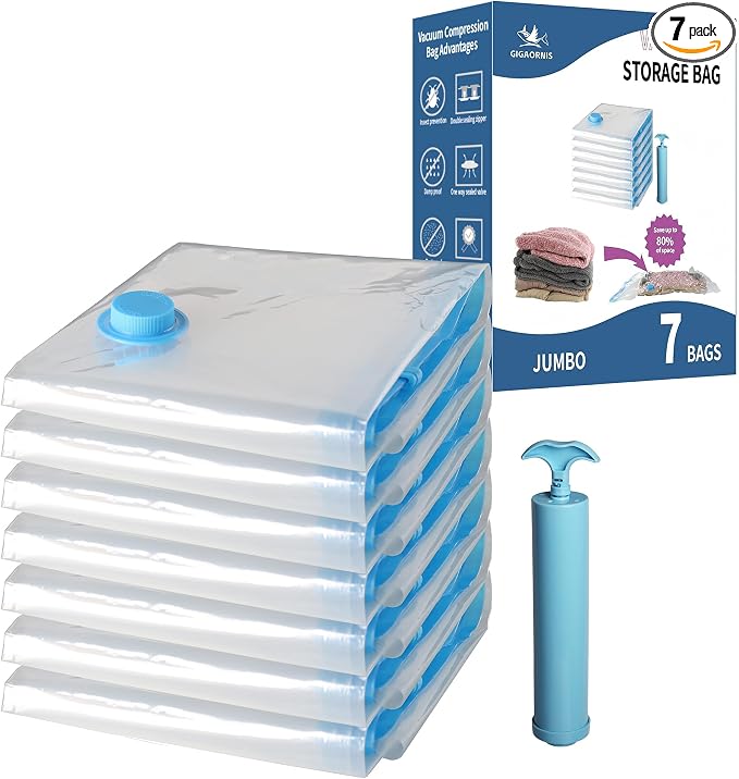 Vacuum Storage Bags Jumbo 7 Pack Hand Pump, 80% Space Saver Vacuum Seal Bag | Plastic Vacuum Sealer Compression Bag, Space Saving Reusable for Bedding, Clothes, Moving, Heavy Duty, Queen Duvet, Comforter