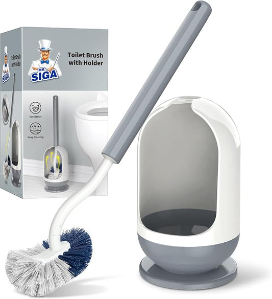 MR.SIGA Toilet Brush with Holder, Under Rim Toilet Bowl Brush with Curved Design for Hard to Reach Corners, 16.2 inch(41.1cm) Long Handle, White & Gray, 1 Pack