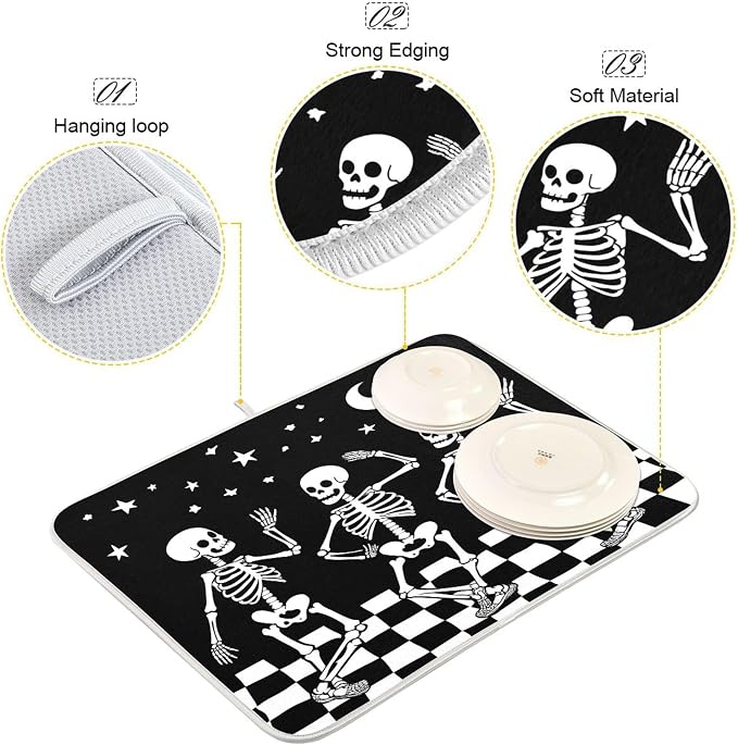 Halloween Skull Dance Dish Drying Mat for Kitchen Countertop 16x18 Spooky Skeleton Black Small Drying Mat Reusable Quick Dry Dish Sink Mats Easy Clean Decorative Essentials