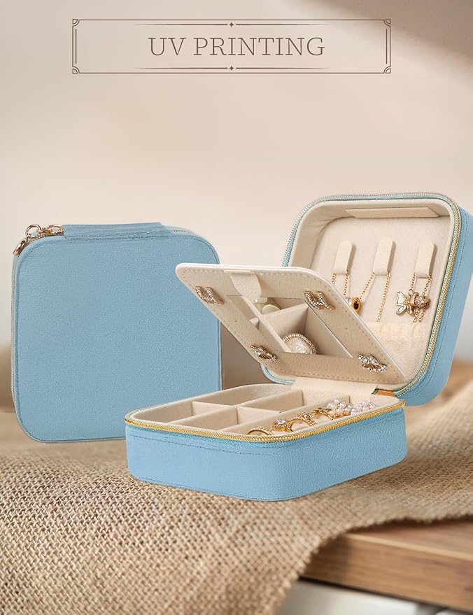 MFXIP Plush Velvet Travel Jewelry Case Small Jewelry Box Jewelry Organizer Storage Case Portable Jewelry Travel Case for Girls Womens Earring, Necklace, Rings,Bracelets with Mirror