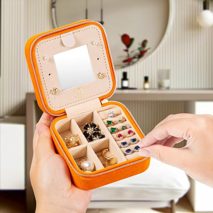 TRODANCE Plush Velvet Travel Jewelry Case Organizer, Small Travel Jewelry Box,Portable Jewelry Box Travel Mini Organizer Portable Display Storage Box For Rings Earrings Necklaces (Orange)