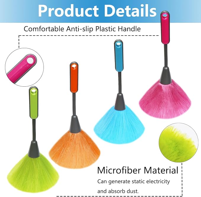 4 Pack 10 inch Microfiber Duster, Feather Duster, Grips Microfiber Delicate Duster for Cleaning Keyboard, Computer Screen, Books, Photo Frames