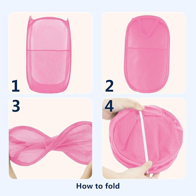 Pop Up Laundry Hamper, Mesh Laundry Basket Collapsible, Foldable Hamper for Travel and Storage (Pink)