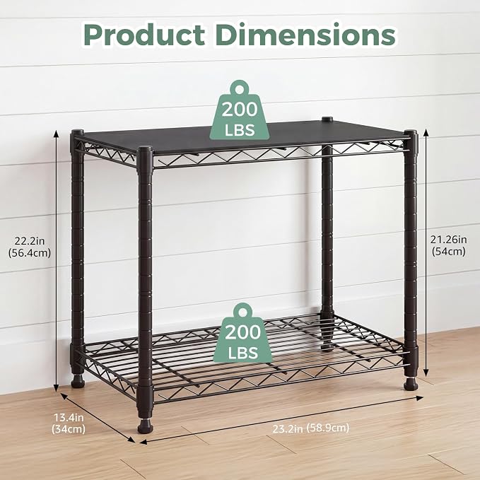 NEWBULIG 2-Tier Metal Wire Storage Shelves, Adjustable Heavy Duty Steel Shelving Unit, Freestanding Storage Rack Organizer for Kitchen, Pantry, Garage, Bathroom, 23.2" W x 13.4" D x 21.7" H, Black