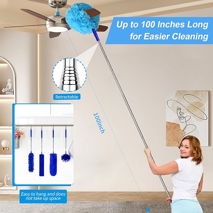 Duster with Extension Pole - Royal Blue | 6-in-1 Kit Dusters for Cleaning, Extendable Duster with 100 Inches, Microfiber Dusters for Ceiling Fans, Furniture, Blinds
