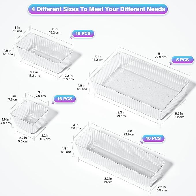 47 PCS Clear Plastic Drawer Organizer Set - 4 Sizes Makeup Organizer Desk Drawer Divider Bathroom Organizers and Storage Bins for Makeup, Jewelry, Gadgets, Office, Kitchen, Bedroom, Bathroom