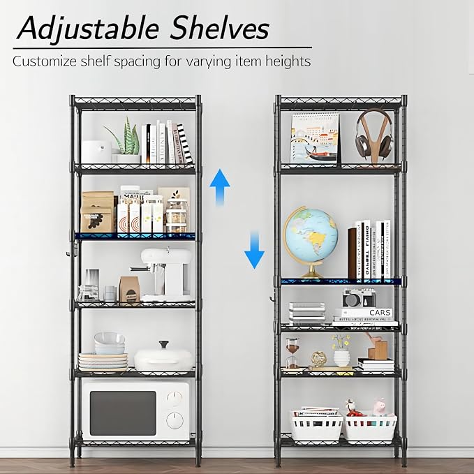Homdox 6-Tier Storage Shelf Wire Shelving Unit Free Standing Rack Organization Adjustable Leveling Feet, Stainless Side Hooks, Black