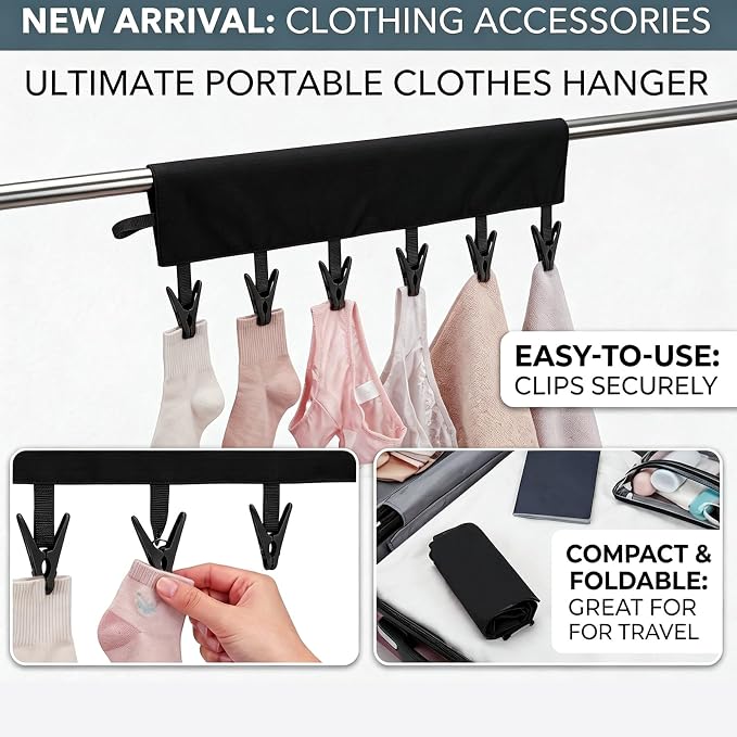 Mini Clothespins Travel Hangers 3 Pack All Black, Foldable Portable Clothes Hangers with 6 Non-Slip Clips for Socks Swimsuit Towel Drying, Ideal for Cruise Dorm Camping Travel Essentials