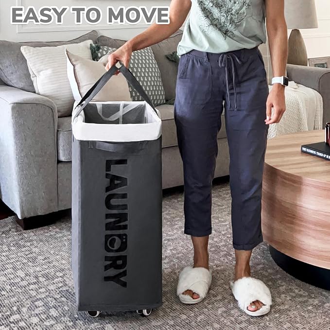 CHICVITA 75L Rolling Laundry Basket with Wheels 2-Pack, Wash Bags, Grey | Foldable slim-design laundry baskets for corner dorms. Large capacity with removable wash bags