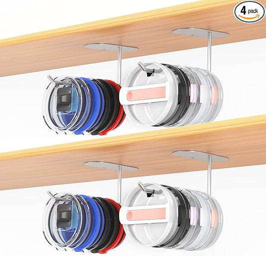 4 Pack Tumbler Lid Organizer, Space Saving Cup Lid Organizer | Yeti/Stanley/Simple Modern Lids Organizer, Self-Adhesive or Drilling Tumbler Lid Hook for Kitchen Organizers and Storage
