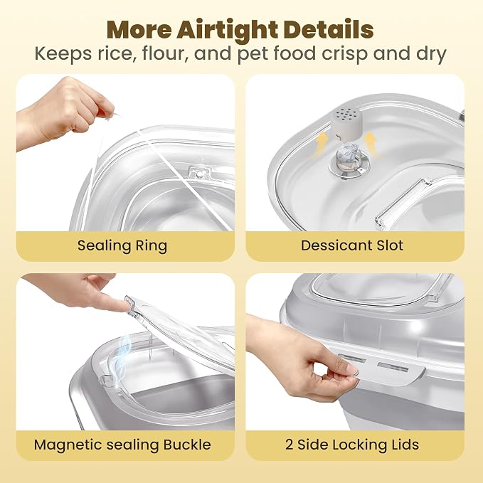 HOYTAMDAR 50Lbs Collapsible Rice Container,Airtight Food Storage container | Clear Lid Rice Storage Container with Double Seal,Wheel,Date Tracker,2pcs Bins&Scoop,Rice Dispenser for Pet Food Rice Flour