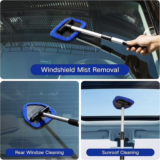 Qydipclin 11pcs Windshield Cleaner Tool, Car Window Cleaning Wash Kit with 6 Reusable Microfiber Pads 2 Spray Bottles and Extendable Handles Auto Glass Wiper Kit, Blue