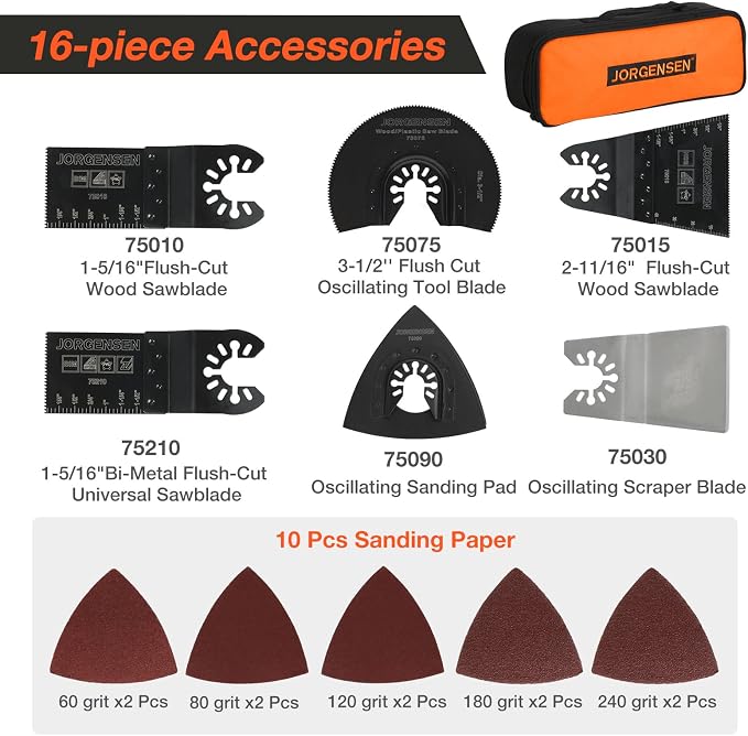 JORGENSEN Corded Oscillating Multi Tool, Variable Speed with 16 PCS Blades | Power Saw, Flush Cut, Universal Accessories, Quick Change, Wood Cutting, Sanding, Scraping, Polishing