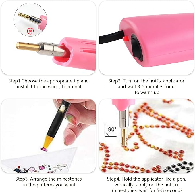 Hotfix Applicator,DIY Hot Fix Rhinestone Setter Applicator Wand Tool Kit Set with 7 Different Sizes Tips,Support Stand (Pink) | DIY rhinestone setter with 7 sizes tips, easy to use for precise hotfix application. Includes support stand for convenience