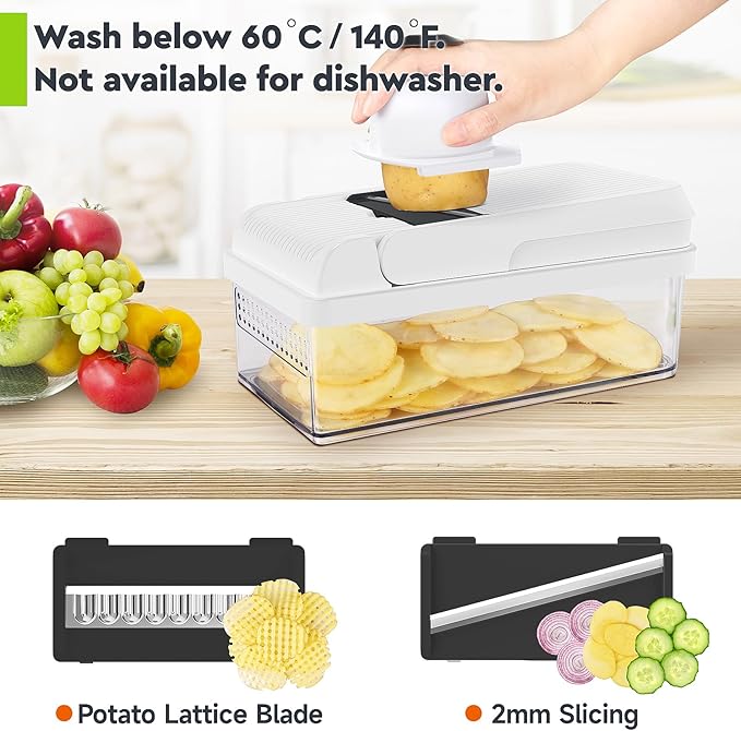 MealHelper 12-in-1 Vegetable Chopper, 7 Blade Veggie Chopper, Practical Food Chopper with Container, Cheese Grater, Home Essentials & Kitchen Gadgets(Black/White)