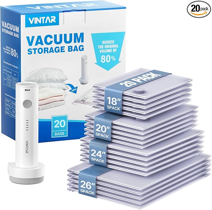 VINTAR 20 Pack Vacuum Seal Bags for Clothing Travel with Wireless Pump | Rechargeable Cordless Pump, Triple-Seal Leak-Proof, 20-Pack 4 Sizes (5J+5L+5M+5S) for Travel Luggage, Suitcase, Home Storage