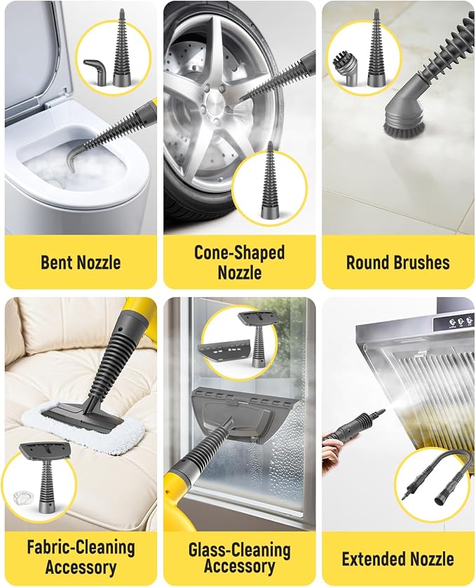 Handheld Steam Cleaner with Safety Lock, 500mL Large Tank & 19PCS Accessories - Multi-Surface Deep Cleaning for Kitchen, Bathroom, Car, Sofa - Removes Stubborn Grime, Sanitizes Surfaces (Yellow)