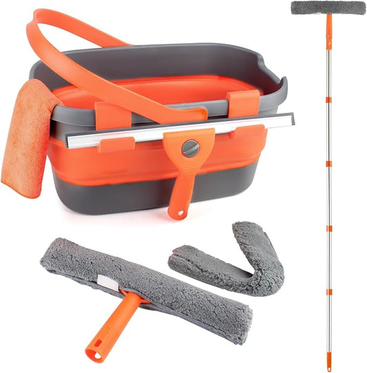 Window Cleaning Kit with Collapsible Bucket 3 Gallon, 14" Window Squeegee and 15" Scrubber with 61" Long Handle, Professional Window Washing Kit Cleaner Tool for Home Outdoor Office Commercial Use