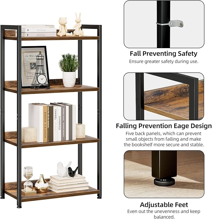 NUMENN Bookshelf, 4 Tier Freestanding Shelving Unit, Vintage | Metal Frame & Wood Shelves, Falling Prevention Baffle, Open Storage Bookcase for Bedroom, Living Room & Home Office