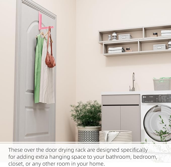 2 Pack Pink Over The Door Hooks, Cute Over The Door Hanger, Folding Over The Door Drying Rack for Laundry,Foldable Over The Door Clothes Hanger,Small Clothes Drying Rack for Dorm Portable