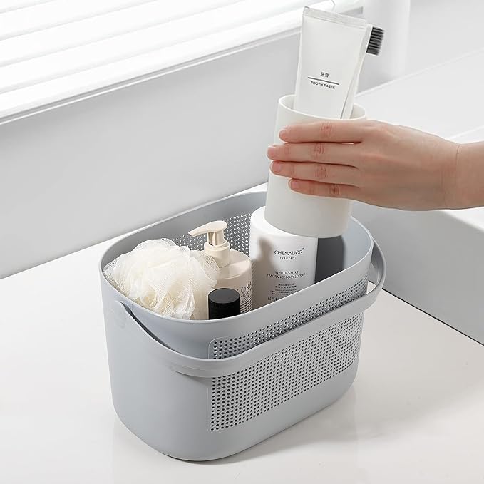 Plastic Protable Shower Caddy Basket, Storage Organizer with Handle, Gray | Bottom Drain Holes, Keep Dry, Sturdy and Durable, Easy to Carry for Bathroom, Kitchen, Dorm Room, RV, College