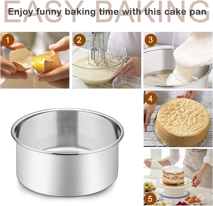 P&P CHEF 6 Inch Cake Pans Set, Round Baking Pan Stainless Steel Layer Birthday Wedding Cake Oven Pans, Non Toxic & Heavy Duty, Deep Side & Mirror Finish, Dishwasher Safe, (4Pcs)