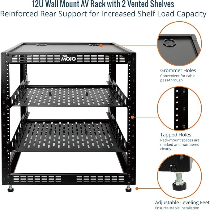 Tecmojo 12U Open Frame Network Rack for IT & AV Gear, AV Rack Floor Standing or Wall Mounted,with 2 PCS 1U Rack Shelves & Mounting Hardware,Network Rack for 19" Networking,Audio and Video Device