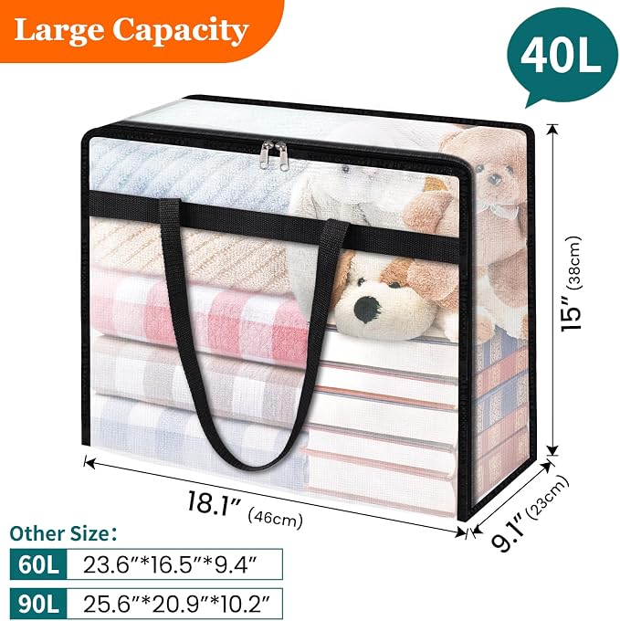 TasticTotes 6 Pack Clear Storage Bags for Comforter, Clothes & Bedding, 40L | Plastic Blanket Storage with Zipper & Handle, Foldable Moving Bags, Closet Organizer and Under-Bed Storage Containers