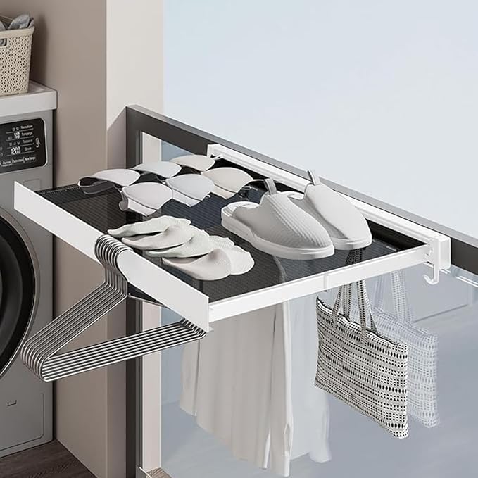 LETINE Wall Mounted Drying Rack: Retractable Indoor Clothes Drying Rack – Aluminum Alloy Frame w/Soft Mesh Surface. Laundry Rack & Temp Shelf for Balcony, Bathroom, Kitchen. with 6 Hooks (White, M)