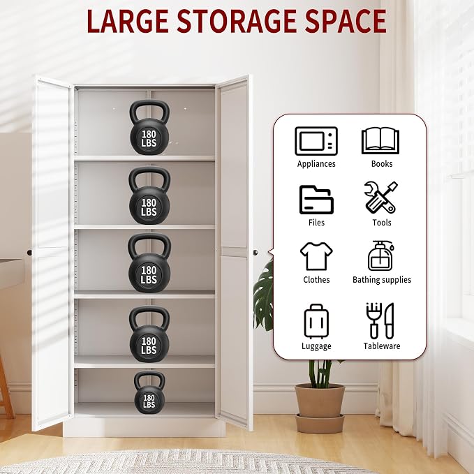 AQY Kitchen Pantry Cabinet,61" White Pantry Storage Cabinet with 4 Tier Adjustable Shelves and 2 Doors,Freestanding Cupboard,Metal Pantry Cabinets with Handle for Living Room Kitchen Assembly Required