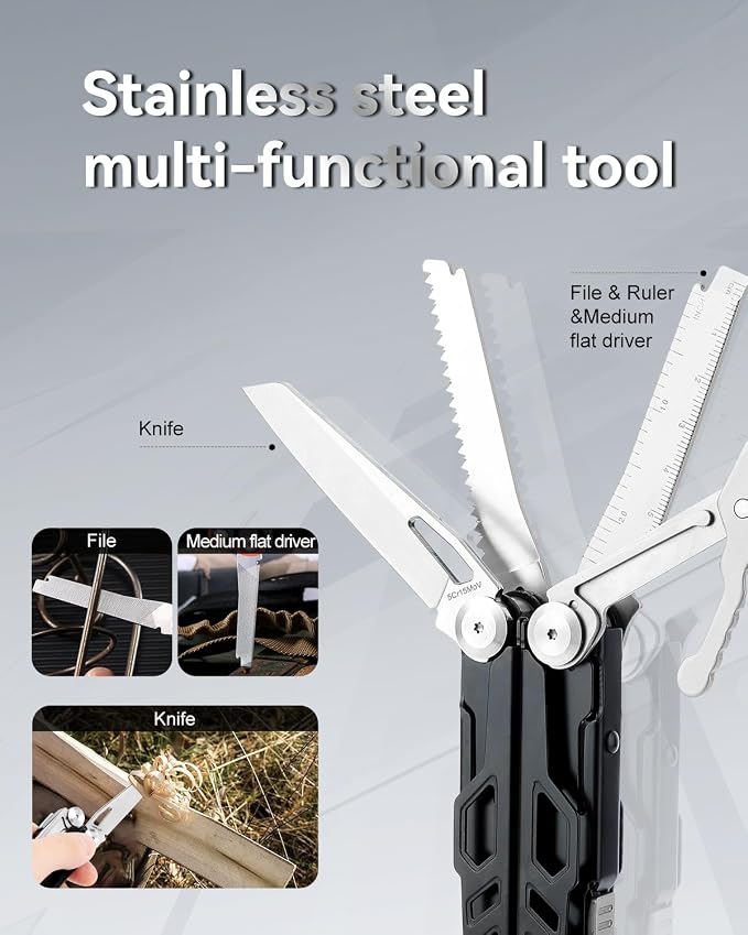 15-in-1 Multitool Pliers with Sheath, Stainless Steel, Black | Folding Multi Tool, Needle Nose Pliers & Wire Cutters, Knife, Saw, Screwdrivers, Bottle Opener, EDC Pocket Knife
