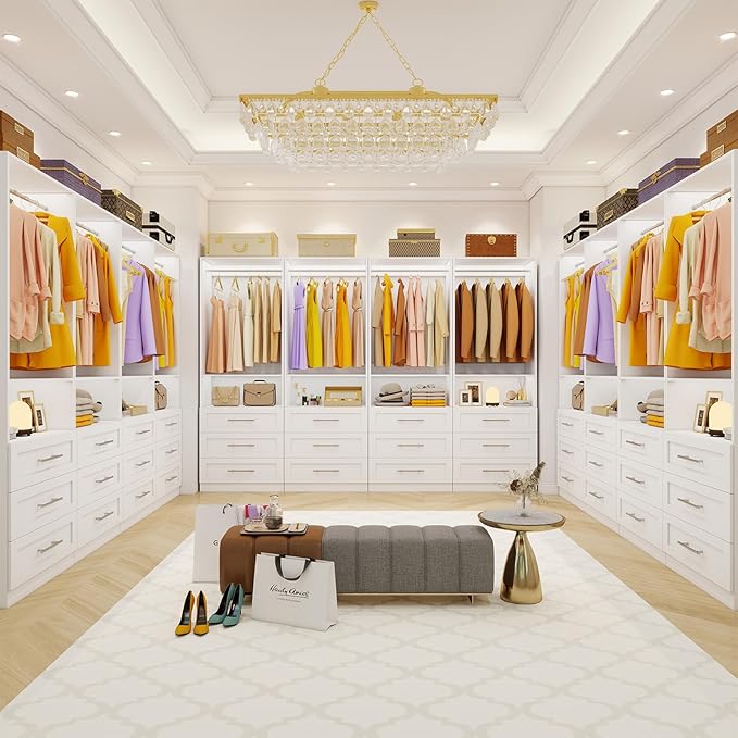 Closet System Set of 4, 8FT-21FT Walk in Closet System with 12 Drawers & 8 Adjustable Hanging Rods, Custom Closet Organizer Systems with 4 Shelves, Modular Closet Storage System Organizer Kit, White