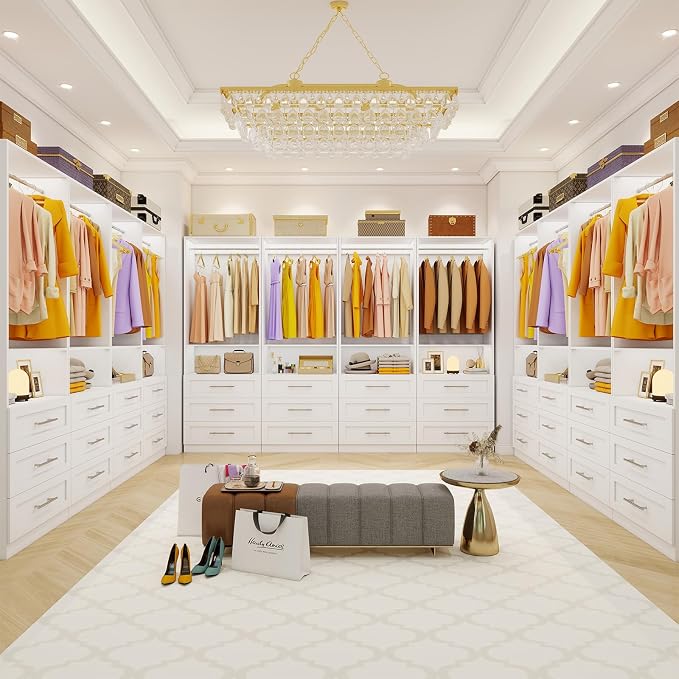 Closet System Set of 3, 6FT-15FT Closet System with 9 Drawers, Walk in Closet System with 6 Hanging Rods Adjustable & 3 Shelves, Modular Custom Closet Organizer Storage System Freestanding, White